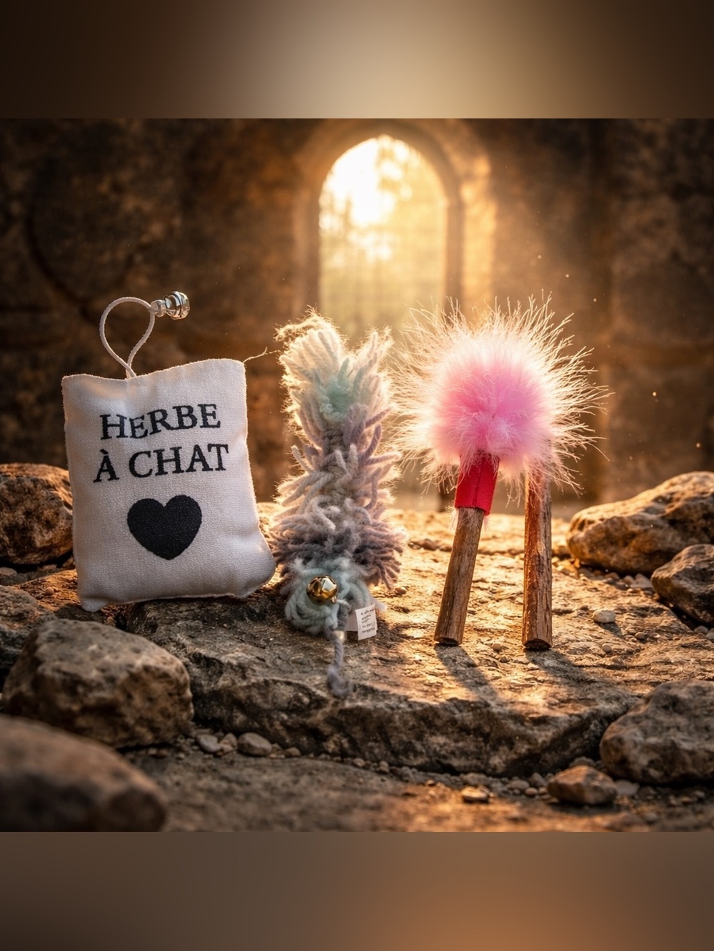 Cat silver sticks with feather and bell with catnip pouch & bell toy 4 pack